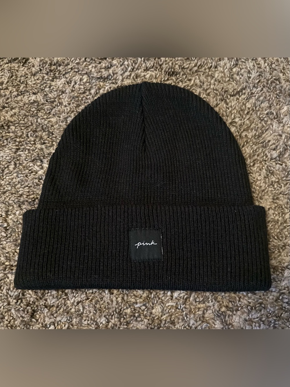 PINK Victoria's Secret Black Knit Cuffed Beanie with Script Patch